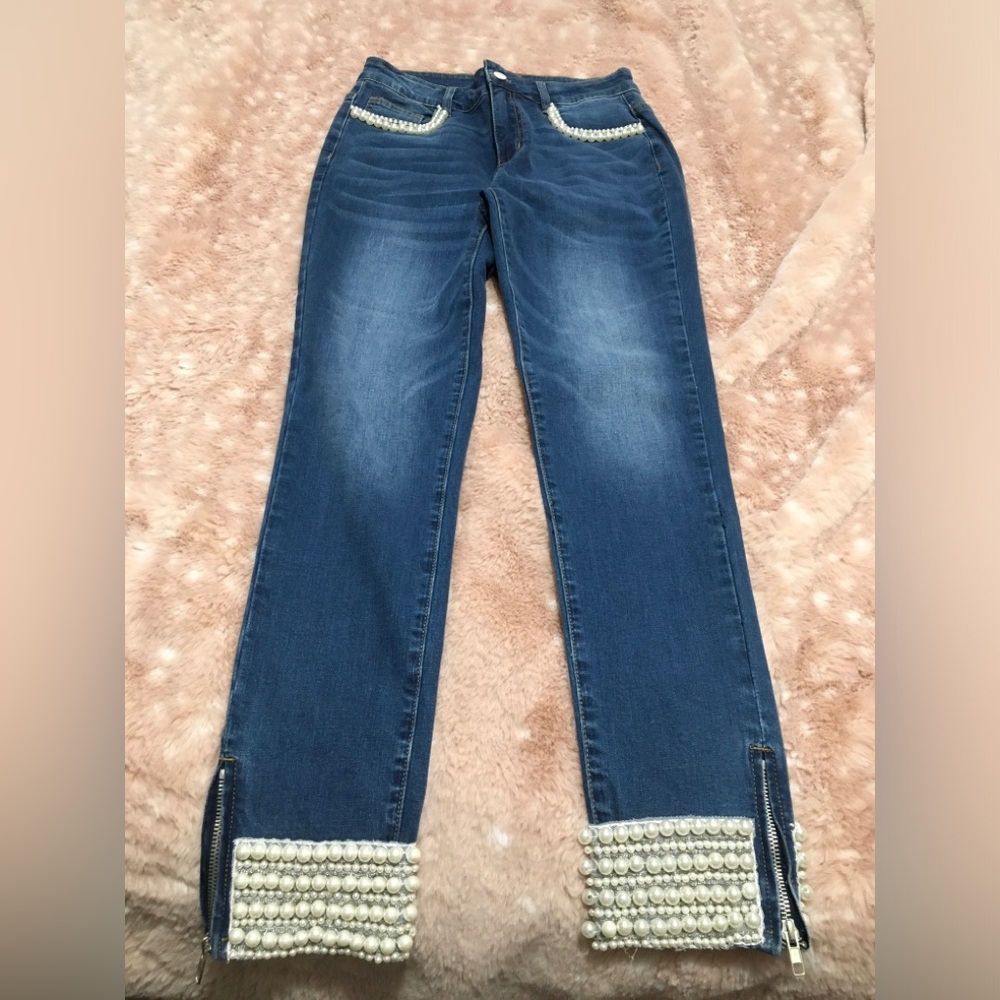 Boston Proper Pearl-Trim Dark Blue Women’s Jeans